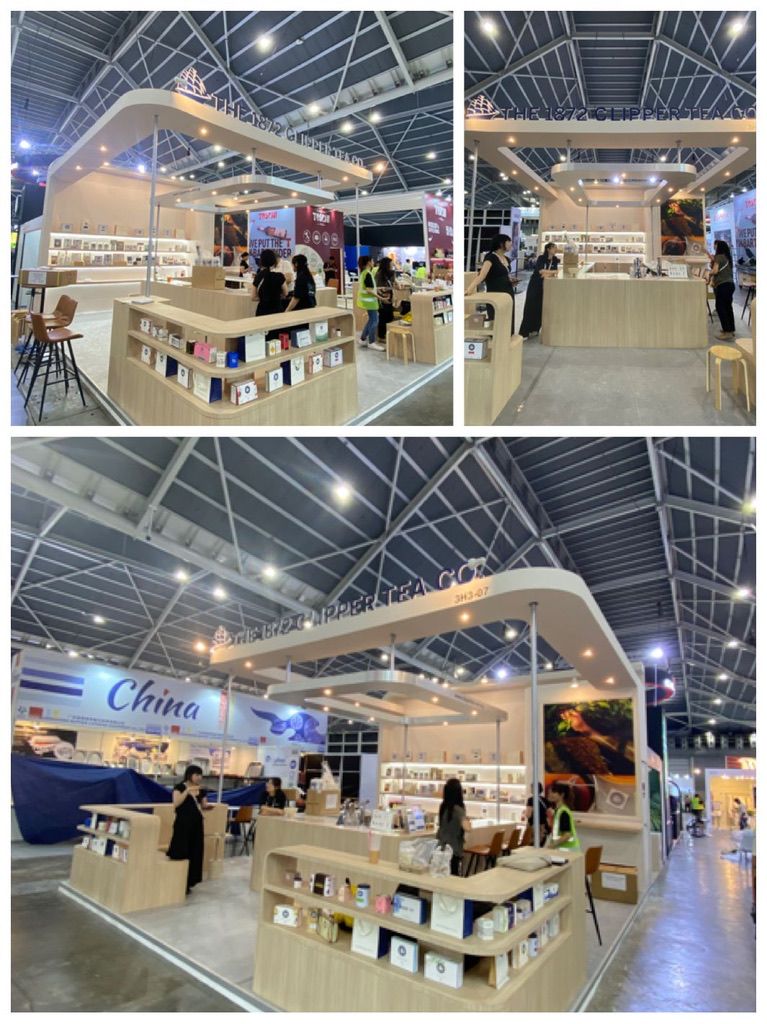 A montage of three views showing open exhibition stands with white shelving and overhead signage.